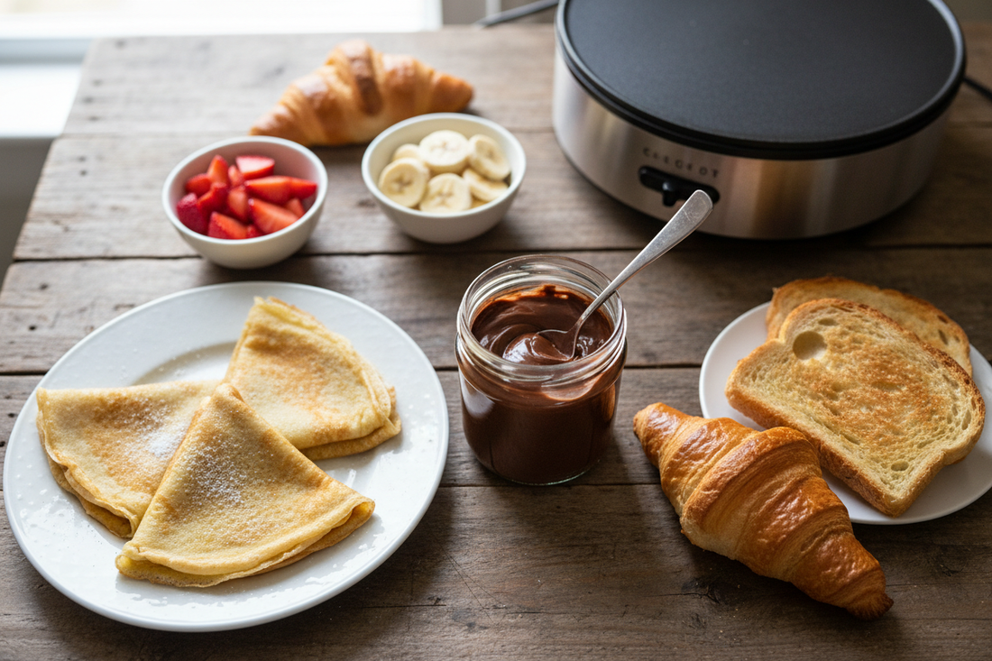 Overhead flat lay of chocolate hazelnut spread jar with crepes, strawberries, bananas, croissants, and electric crepe maker on rustic wooden table