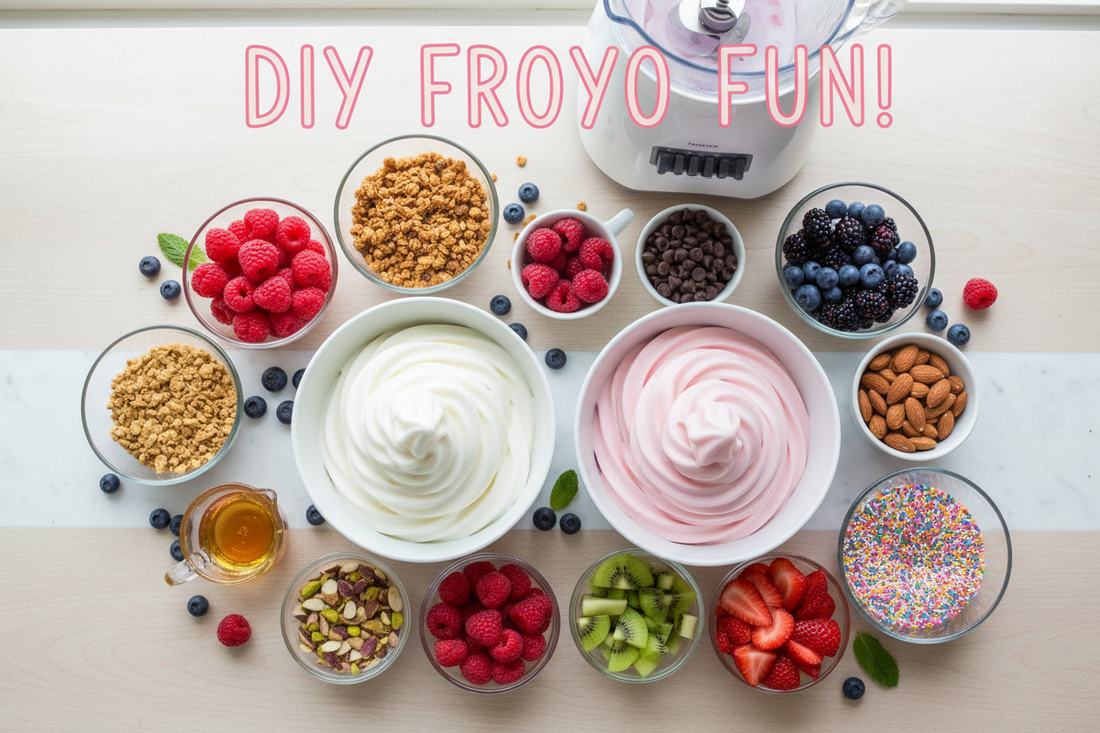 Overhead flat lay of DIY frozen yogurt bar with bowls of toppings including fresh berries, granola, chocolate chips, fruit, nuts, and sprinkles with blender