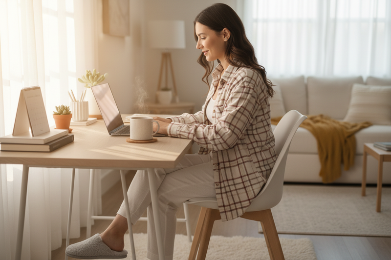 "A person sitting at a brightly lit home desk working on a laptop, wearing cozy flannel pajamas and fluffy slippers, celebrating the comfort and humor of National Wear Pajamas to Work Day.