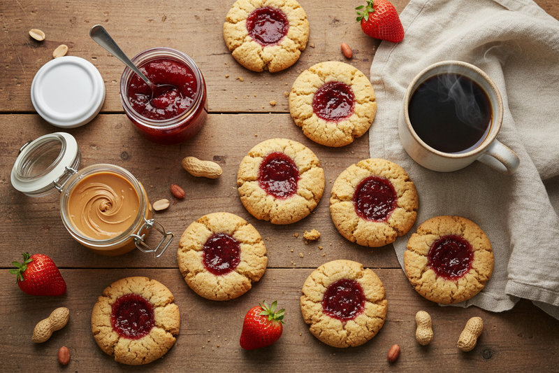Golden-brown PB&J thumbprint breakfast cookies with a glossy strawberry jam center, styled with peanut butter, jelly jars, and a morning coffee on a rustic wooden surface.