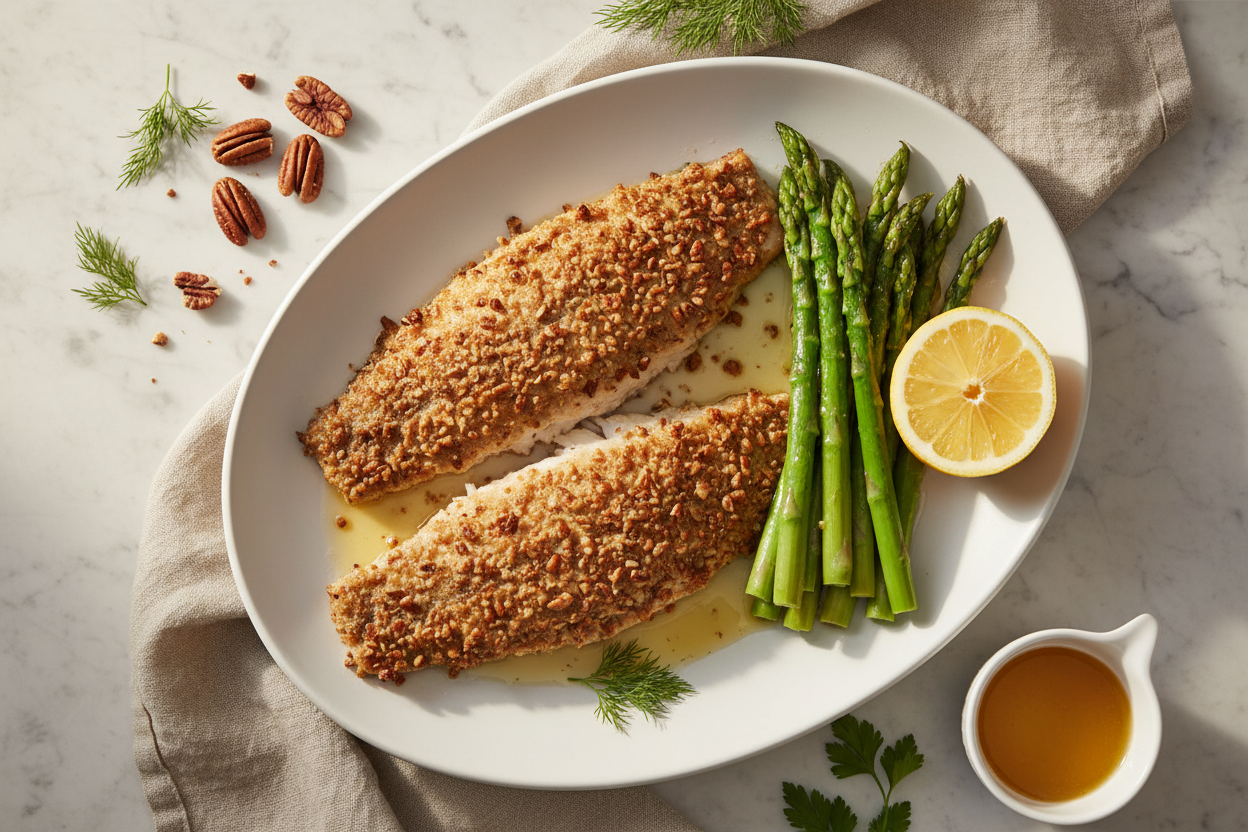 Pecan-crusted trout fillets with lemon-butter asparagus on a white platter, garnished with lemon halves and fresh herbs on a marble surface
