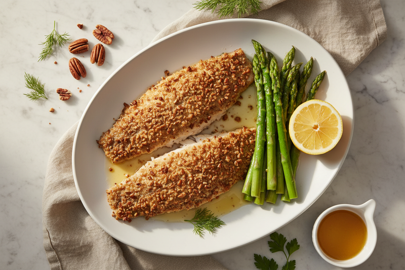 Pecan-crusted trout fillets with lemon-butter asparagus on a white platter, garnished with lemon halves and fresh herbs on a marble surface