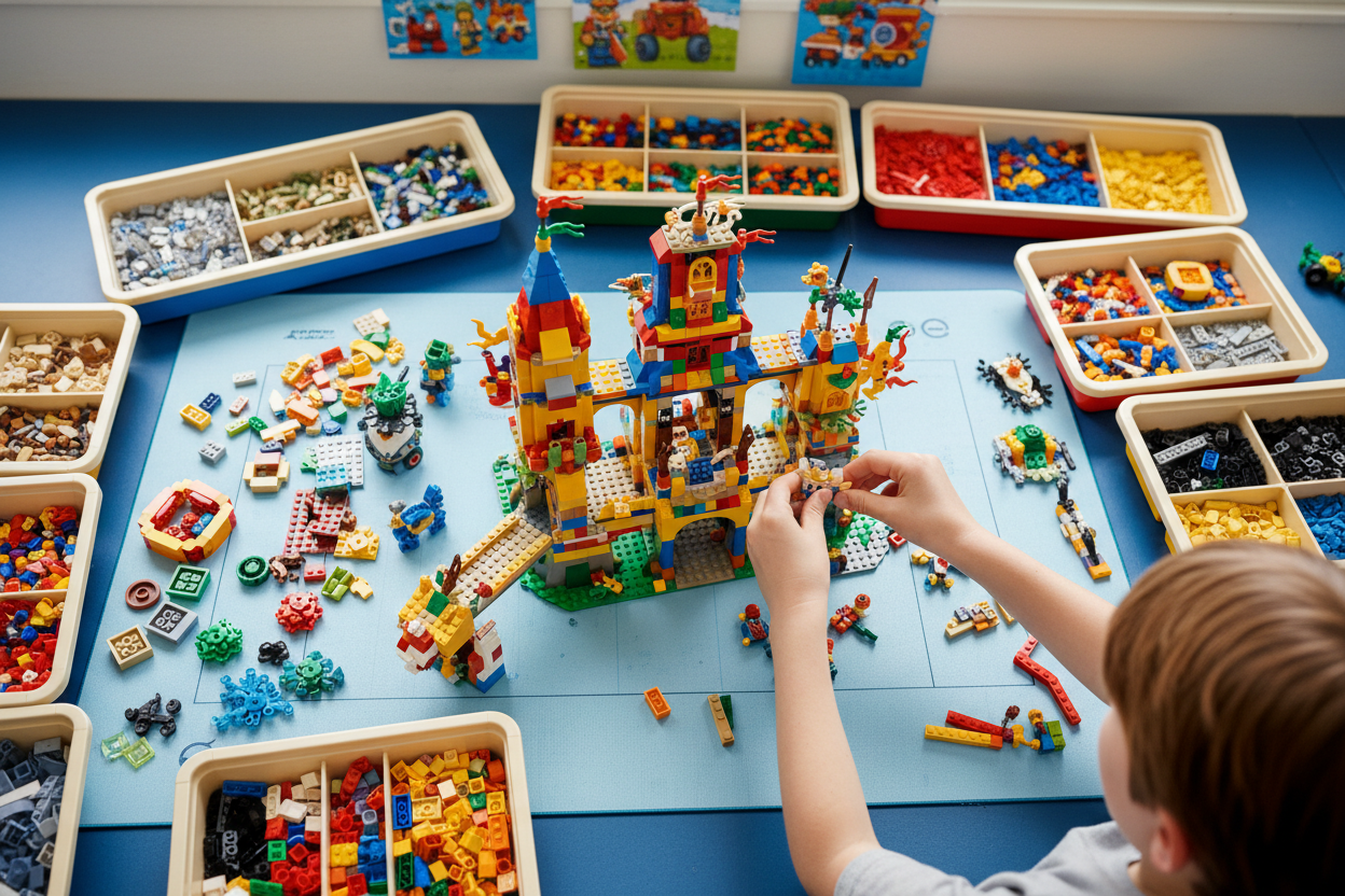 Person building colorful LEGO masterpiece on organized play mat for National LEGO Day