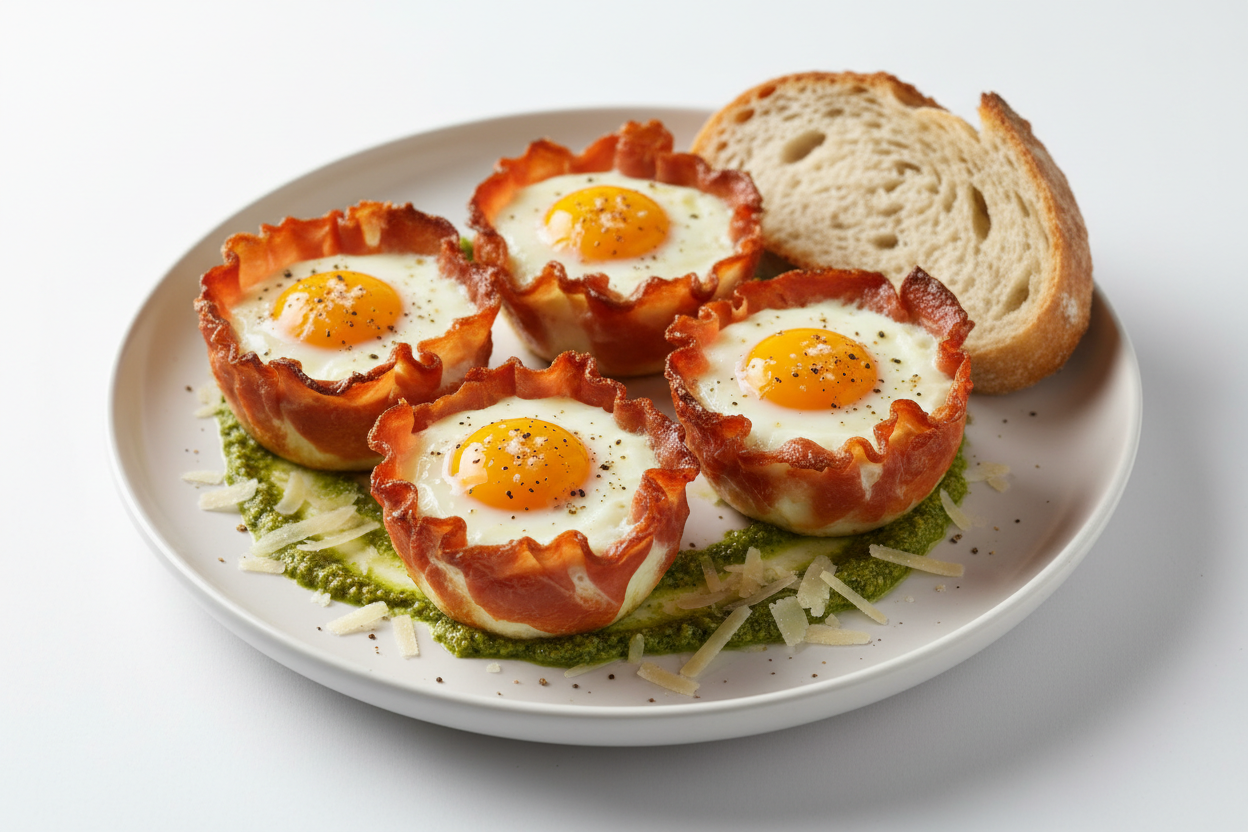 Baked eggs in prosciutto cups with green basil pesto and parmesan cheese served on a white plate with crusty bread for Read Across America Day brunch