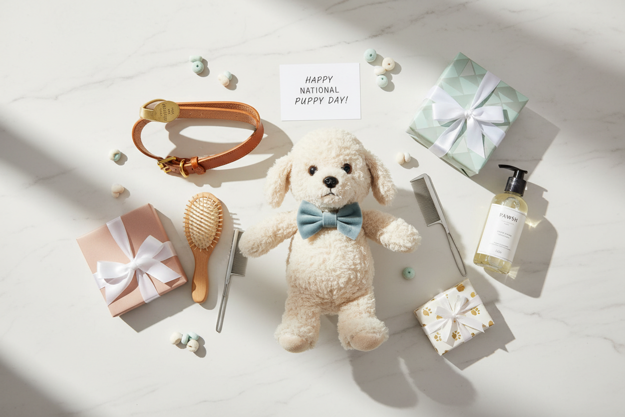 Curated collection of premium puppy essentials and gifts for National Puppy Day including plush toys, luxury collar, and grooming items