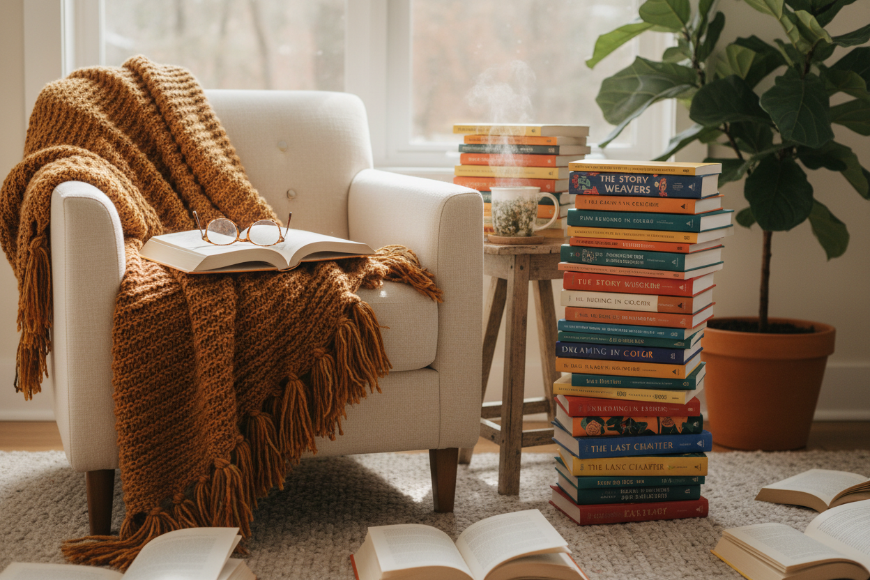 Read Across America Day: Cozy reading scene with stack of colorful books, open book, and warm blanket in natural lighting