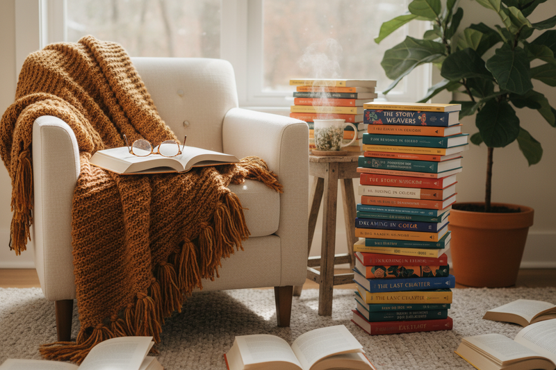 Read Across America Day: Cozy reading scene with stack of colorful books, open book, and warm blanket in natural lighting