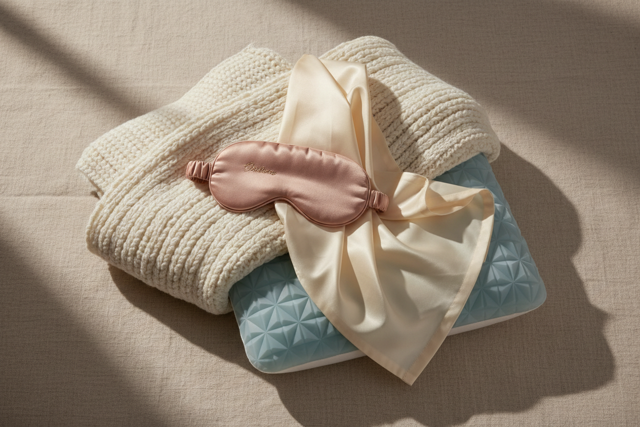 Luxurious flat lay of a sleep eye mask, chunky weighted blanket, silk pillowcase, and cooling pillow in soft blush and ivory tones — The Reclaim Your Rest Guide for National Napping Day by On Many Occasions.