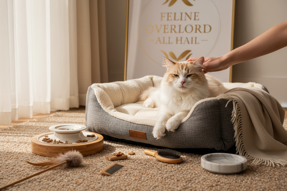 Content cat lounging in luxury heated bed with premium toys for Respect Your Cat Day celebration