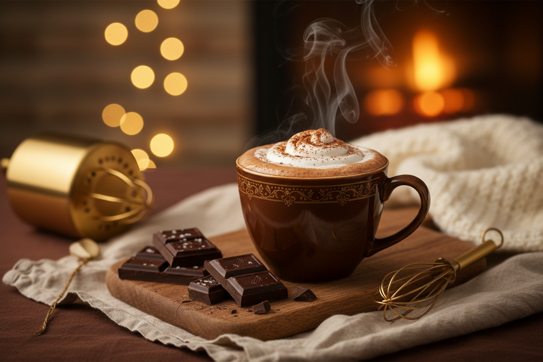 Rich Parisian-style hot chocolate with dark chocolate bars for National Hot Chocolate Day