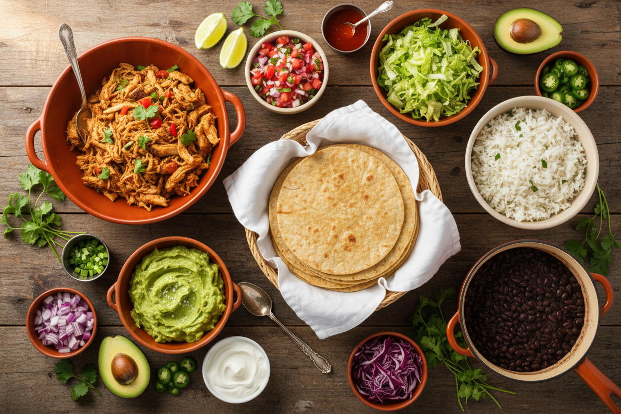 A colorful build-your-own burrito bar spread with tortillas, shredded chicken, rice, beans, guacamole, and fresh toppings on a rustic wooden table