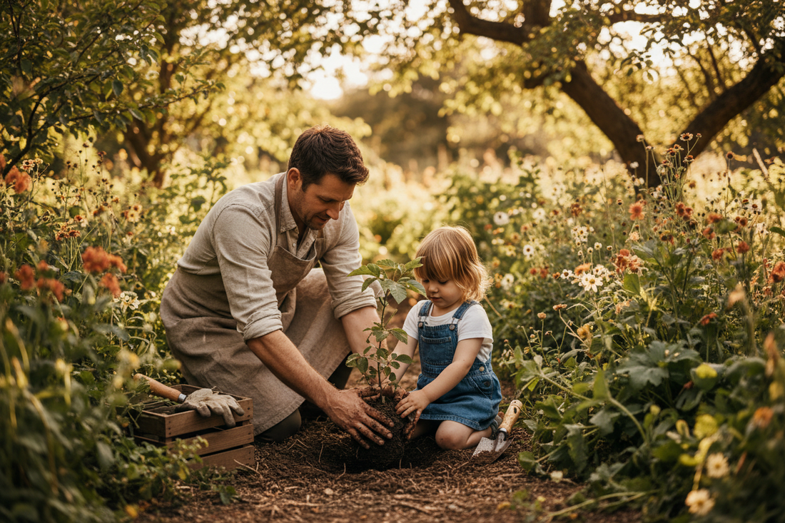 An adult and child planting a young tree sapling together in a garden, hands in the soil, celebrating Arbor Day traditions."