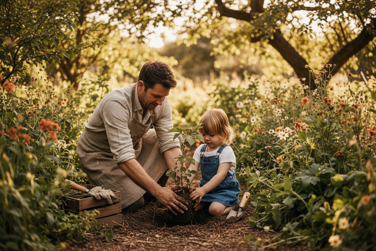 An adult and child planting a young tree sapling together in a garden, hands in the soil, celebrating Arbor Day traditions."