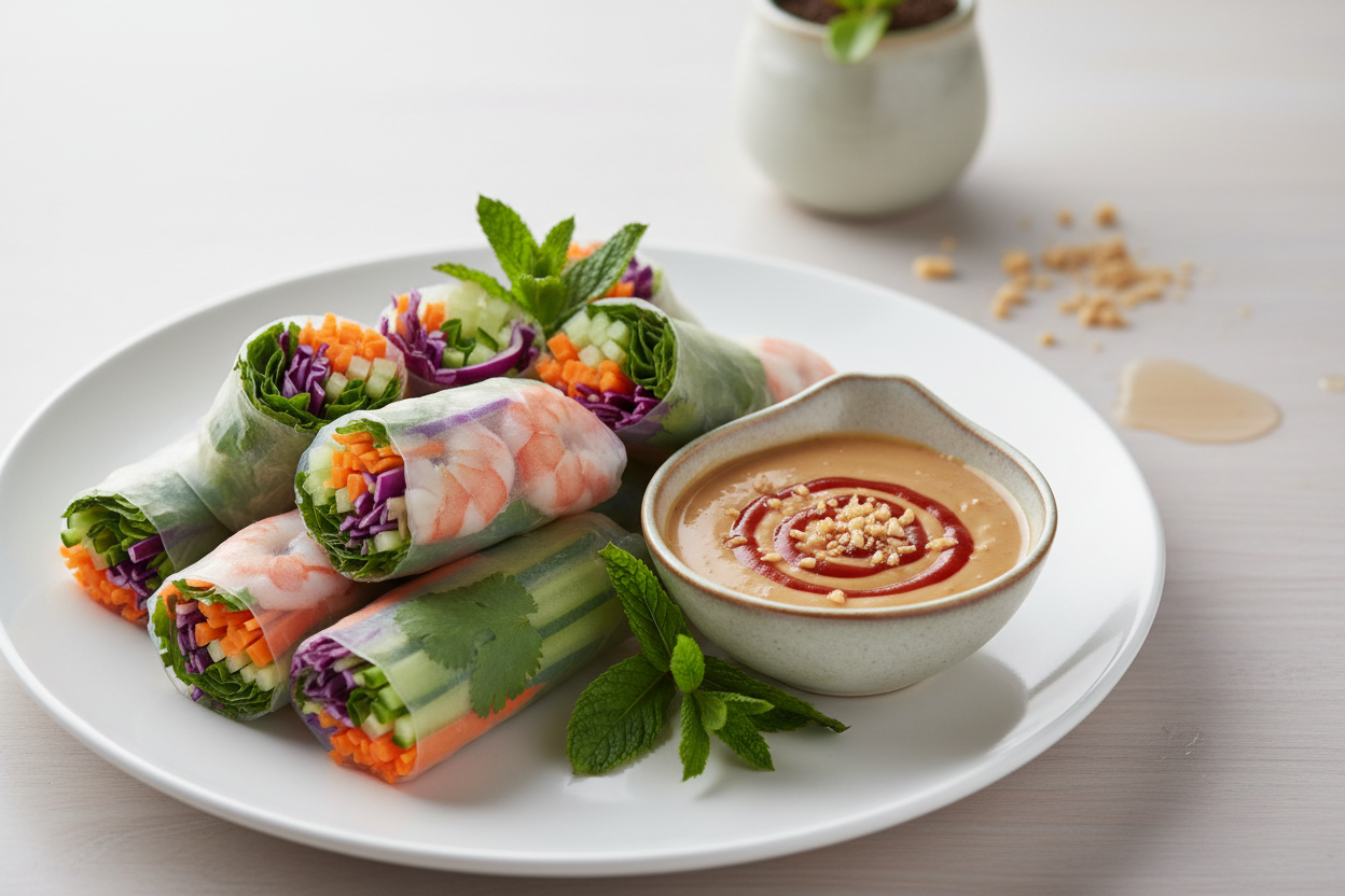 Fresh spring rolls filled with colorful vegetables including carrots, cucumber, purple cabbage and herbs, served with a bowl of creamy spicy peanut butter dipping sauce on a white plate