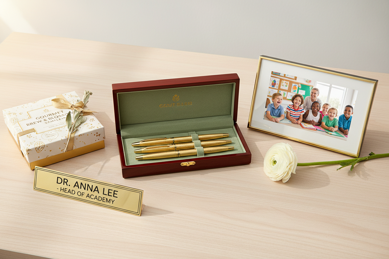 A flat lay of school principal appreciation gifts including a premium pen set, gourmet tea and coffee sampler, personalized desk plaque, and a digital photo frame, celebrating School Principals' Day on May 1