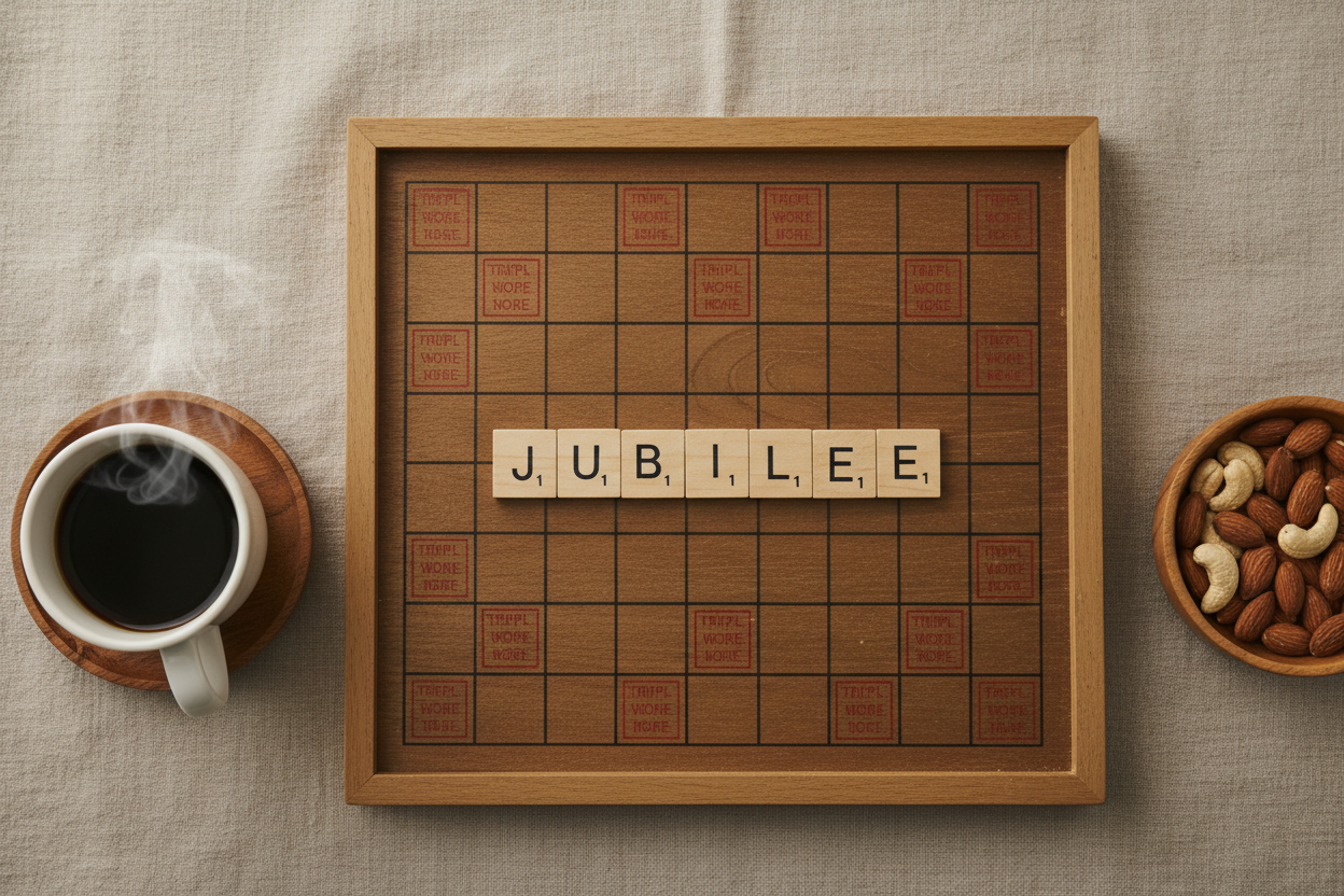 "Wooden Scrabble tiles spelling a high-scoring word on a triple-word square, surrounded by a warm mug and snacks, celebrating National Scrabble Day."