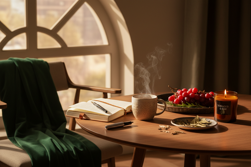 A warmly lit autumn tablescape featuring an open journal, a steaming mug of chai tea, roasted red grapes, a lit candle, and a velvet throw bathed in golden September light.