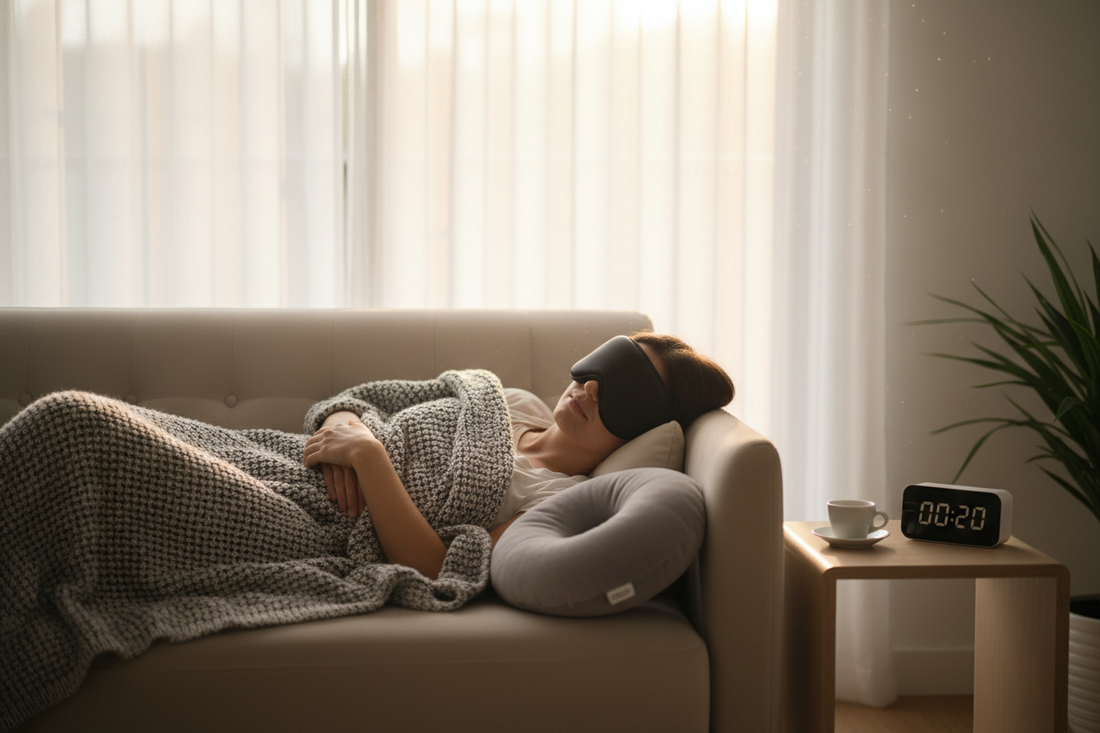 Person napping on couch wearing black sleep mask and weighted blanket with espresso and alarm clock for National Napping Day power nap