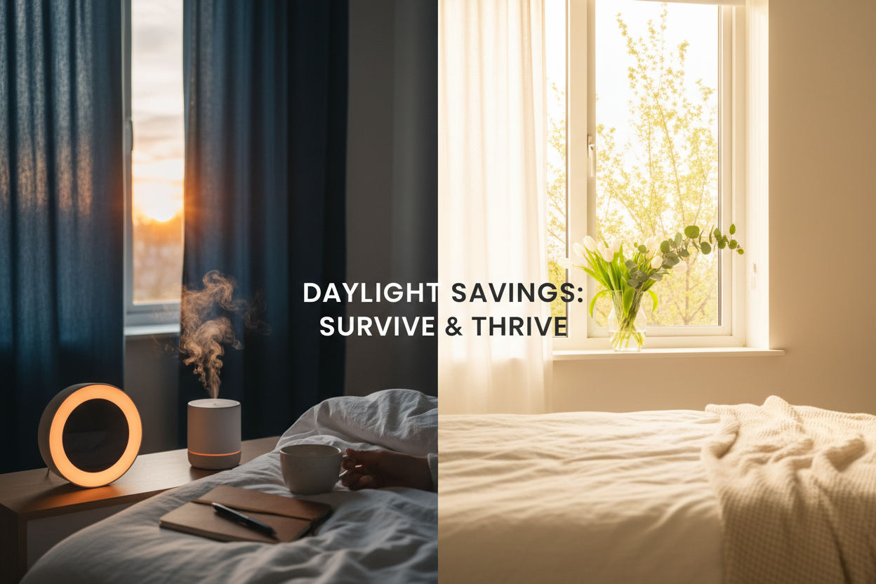 Split composition bedroom scene showing transition from dawn to bright morning with sunrise alarm clock, diffuser, and spring sunlight for Daylight Savings Time