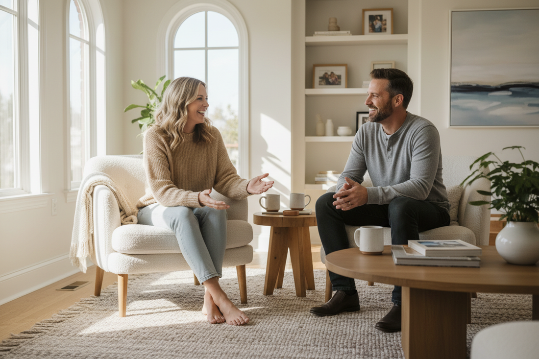 Two adult siblings sitting across from each other on chairs, smiling and enjoying a warm conversation