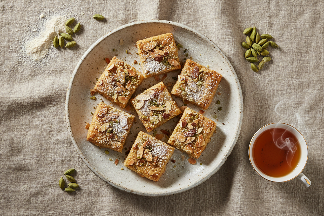 Golden "Silk Road" almond and cardamom shortbread squares topped with slivered almonds, served on a ceramic plate with a cup of tea and cardamom pods — a perfect tea-time treat.