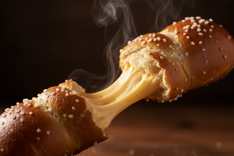 A soft pretzel bite pulled apart to reveal a gooey melted beer cheese filling, with coarse salt on the golden-brown crust