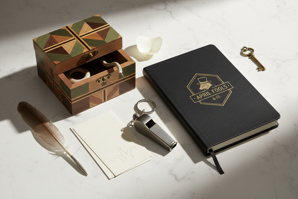 Sophisticated flat lay of a Japanese Yosegi puzzle box, Rocketbook smart notebook, and titanium keychain whistle on a marble surface — The High-End April Fool's Gift Guide by On Many Occasions.