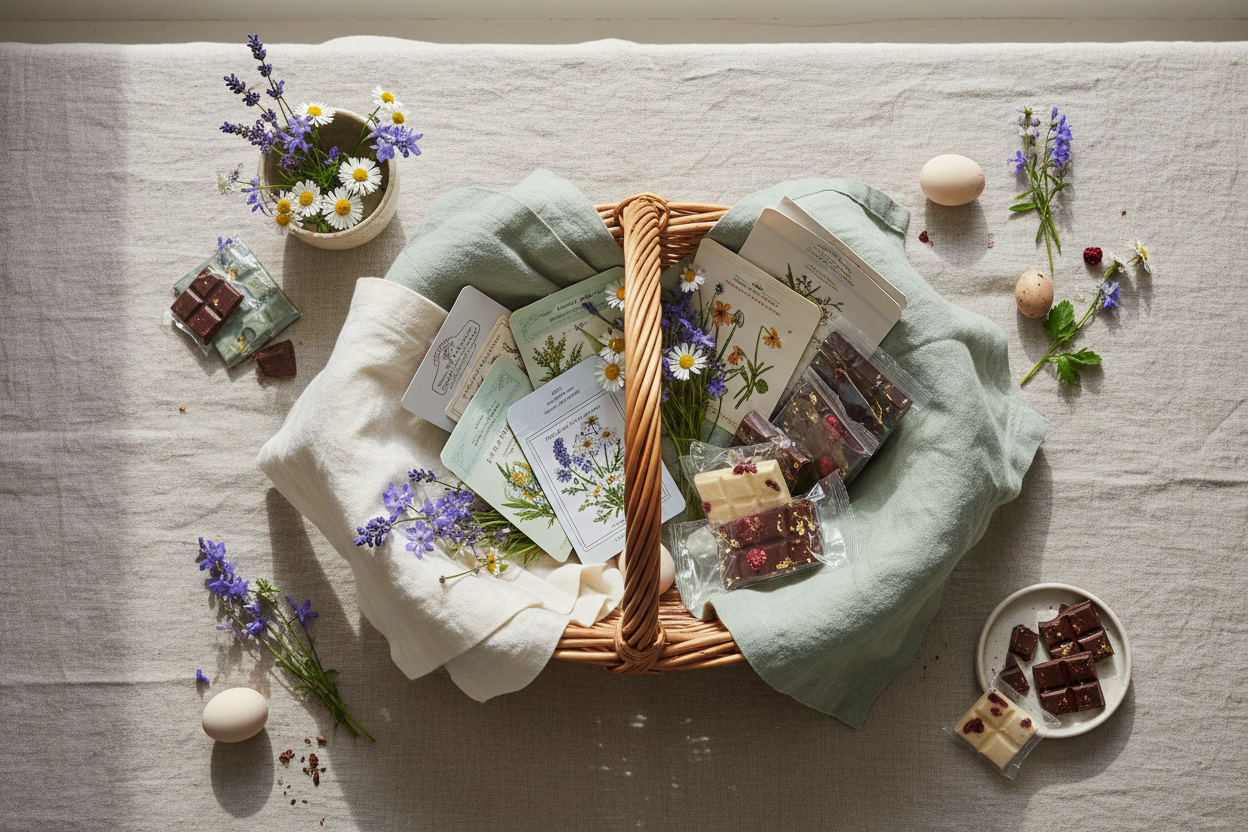 A curated Easter basket with a handwoven willow basket, linen napkins, seed packets, wildflowers, and artisan chocolate styled on a linen tablecloth in soft spring light.