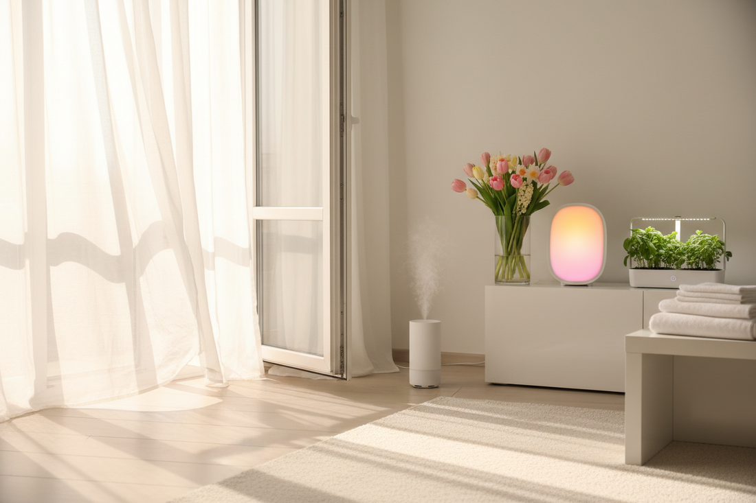 Bright spring morning scene with open window, sunrise alarm clock, fresh flowers, and indoor garden for Spring Equinox