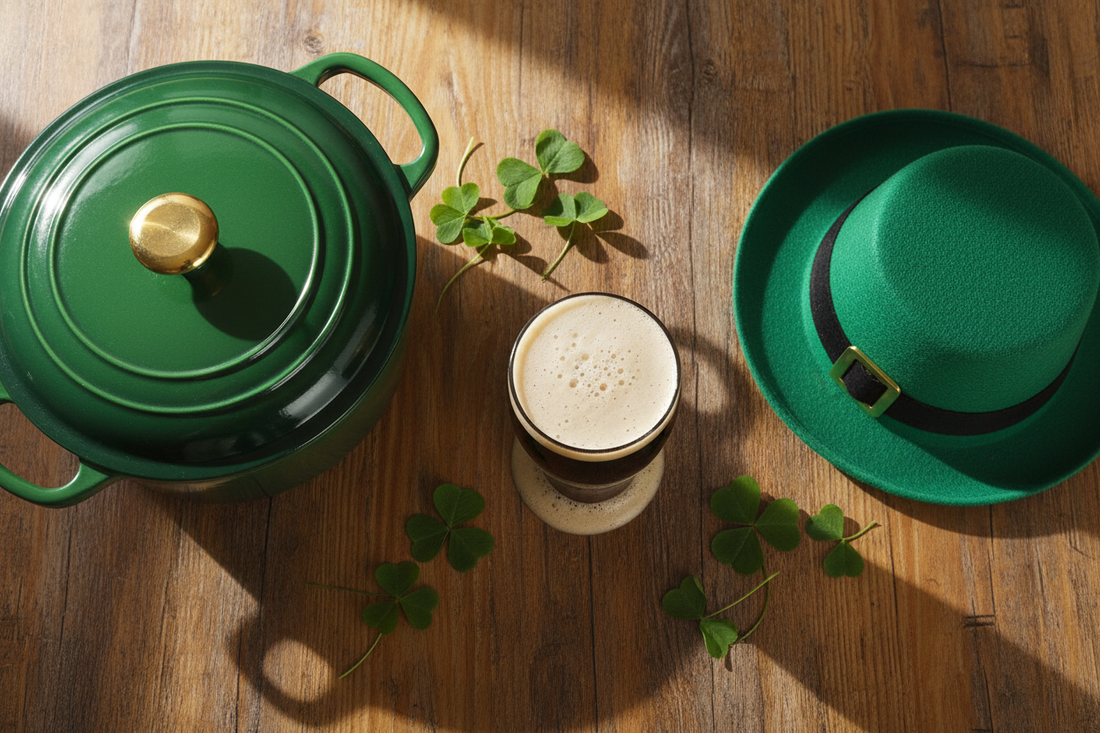 St. Patrick's Day flat lay featuring Imperial pint glass with stout, fresh shamrocks, green enameled cast iron Dutch oven, and leprechaun hat on rustic wooden table