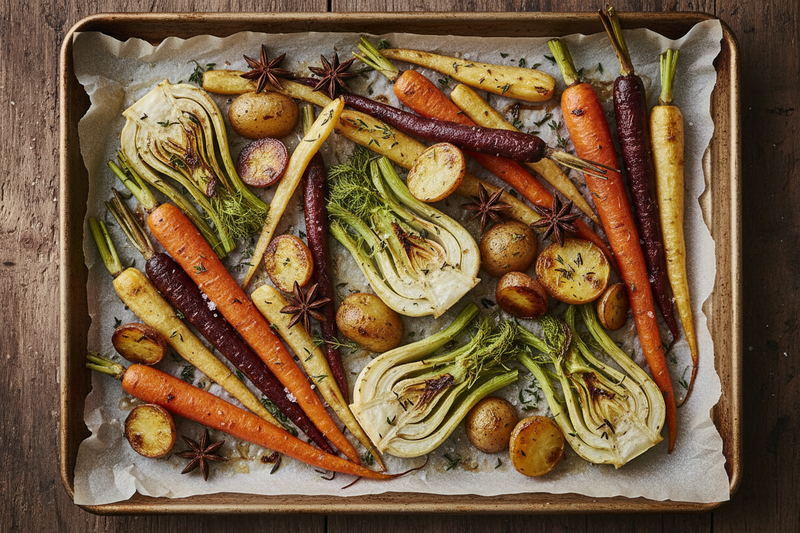 Star anise and fennel roasted root vegetables — caramelized carrots, parsnips, and potatoes on a parchment-lined baking sheet, celebrating Licorice Day with sophisticated aromatics