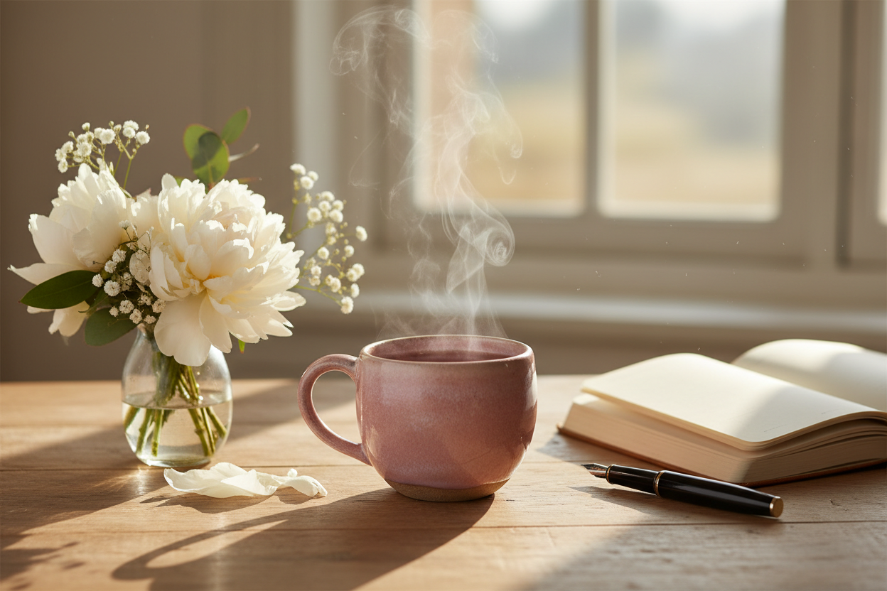 A steaming cup of tea in a ceramic mug on a sunlit wooden table, surrounded by fresh flowers and a journal, evoking a mindful morning ritual.