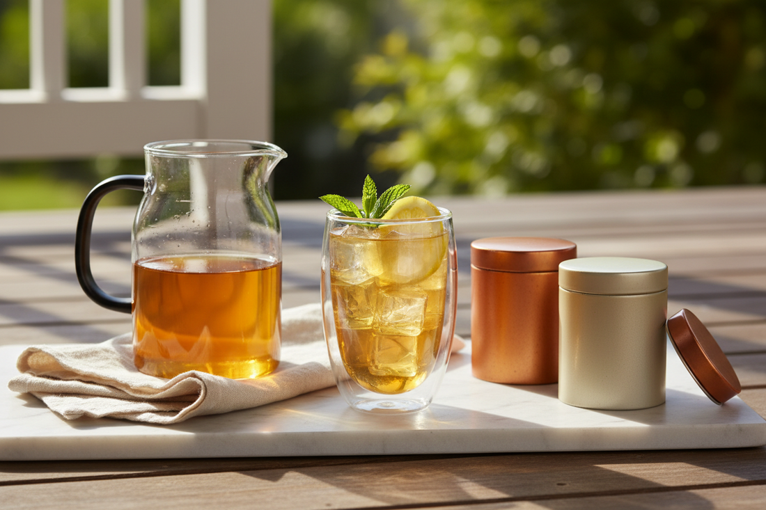 A tall glass of amber iced tea with mint and lemon on a sun-lit marble surface, surrounded by a cold brew pitcher and artisanal tea tins — a luxurious summer entertaining moment.