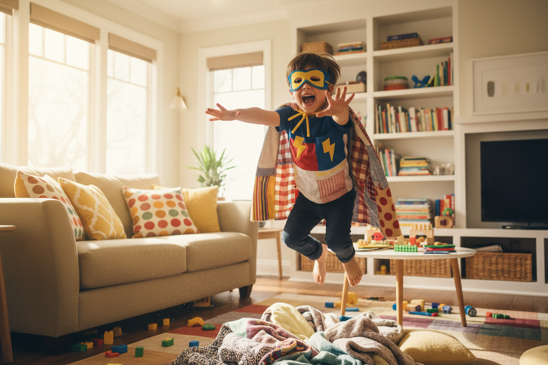 A child in a homemade cape and mask leaps joyfully, celebrating National Superhero Day with family fun and imagination