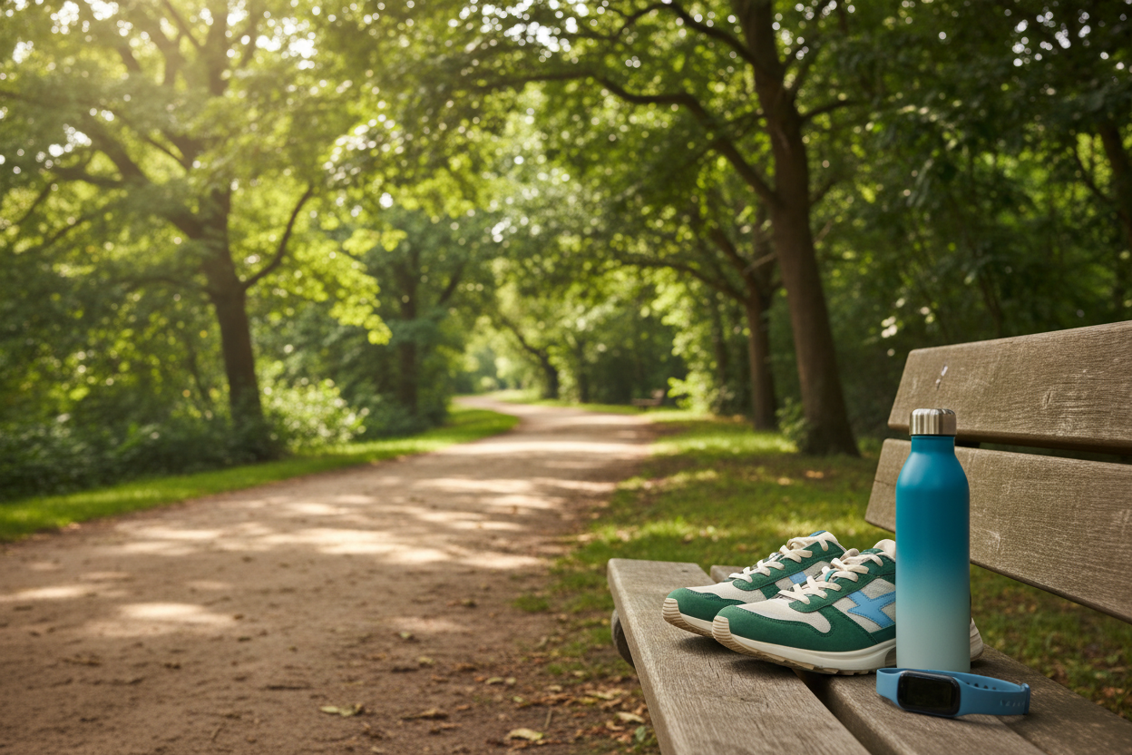 Peaceful park path with walking essentials including shoes, water bottle, and fitness tracker for Take a Walk in the Park Day