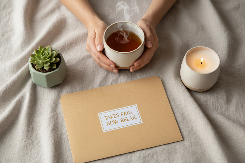 "A cozy flat lay with a warm mug of tea, a closed tax folder, a scented candle, and a small succulent — celebrating the end of Tax Day with a moment of self-care."