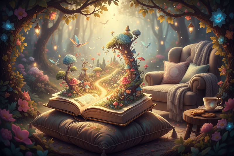 Open storybook with whimsical fairy tale illustrations in soft glowing light and cozy reading setting"