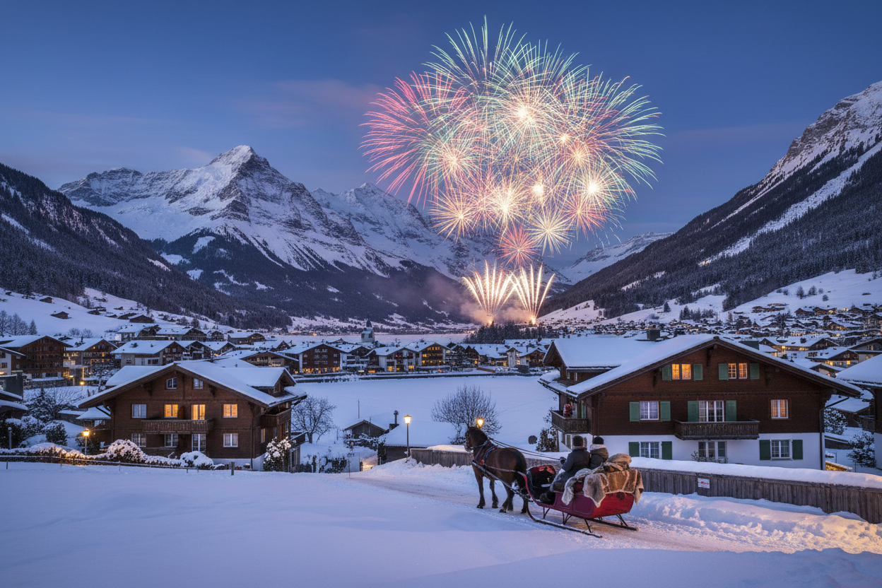 Snow-covered Interlaken village with the Eiger, Mönch, and Jungfrau peaks at dusk with fireworks bursting overhead — The Alpine Reset: Switzerland & Austria Winter Travel Guide by On Many Occasions.