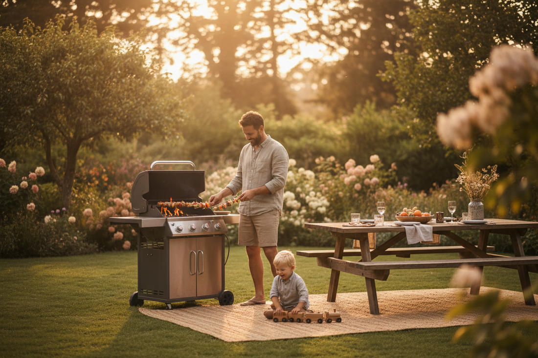  father and child share a golden summer afternoon outdoors, grilling together in a sunlit backyard — celebrating Father's Day on the Summer Solstice.