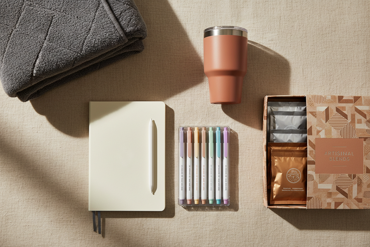 Elevated teacher appreciation gifts including erasable gel pens, a smart notebook, specialty coffee sampler, a travel mug, and a weighted blanket arranged on a neutral linen background.