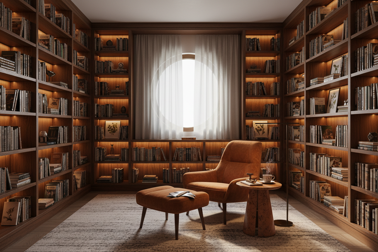 A luxurious home library sanctuary with warm amber lighting, a mid-century modern reading chair, floor-to-ceiling bookshelves, and artisanal book accessories — the ultimate bibliophile's reading nook.