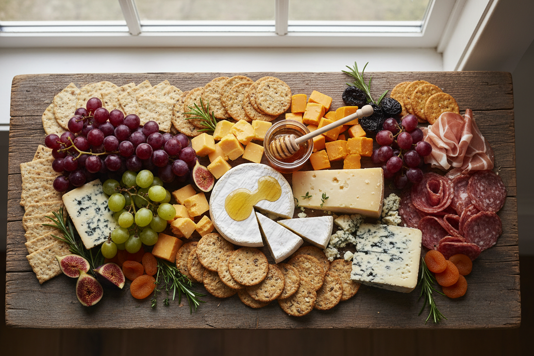 An elegant artisan cheese board with brie, aged cheddar, gouda, honey drizzle, crackers, grapes, and figs — styled for National Cheese Day entertaining.