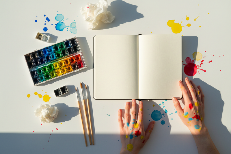 "Colorful art supplies and paint-splattered hands on a white surface, celebrating World Art Day creativity"