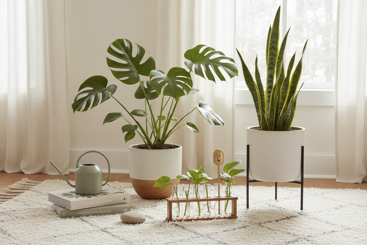 Elegant indoor plant vignette featuring a Monstera deliciosa, snake plant in a mid-century ceramic planter, and glass propagation station in a bright winter home interior — The Botanical Reset: Houseplant Appreciation Day Guide by On Many Occasions.
