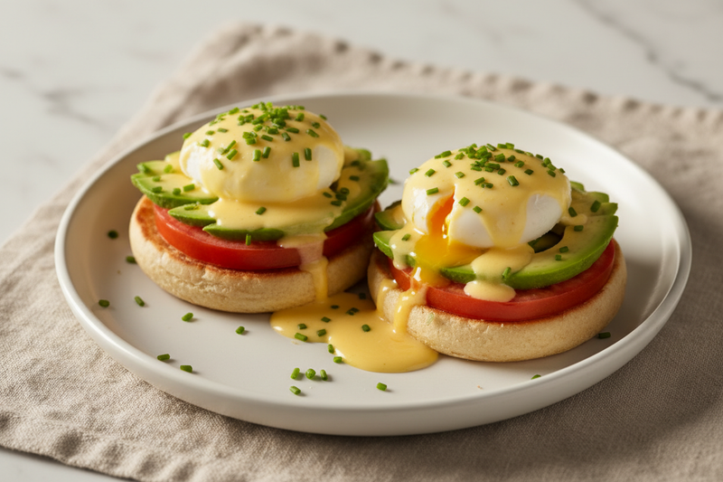 Californian Eggs Benedict with poached eggs, creamy avocado, tomato, and golden hollandaise sauce on toasted English muffins, garnished with fresh chives