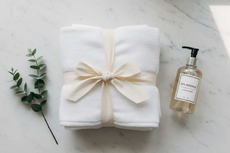 "Neatly folded white linen towels tied with a ribbon on a marble surface, styled with eucalyptus and a glass soap dispenser for National Laundry Day."