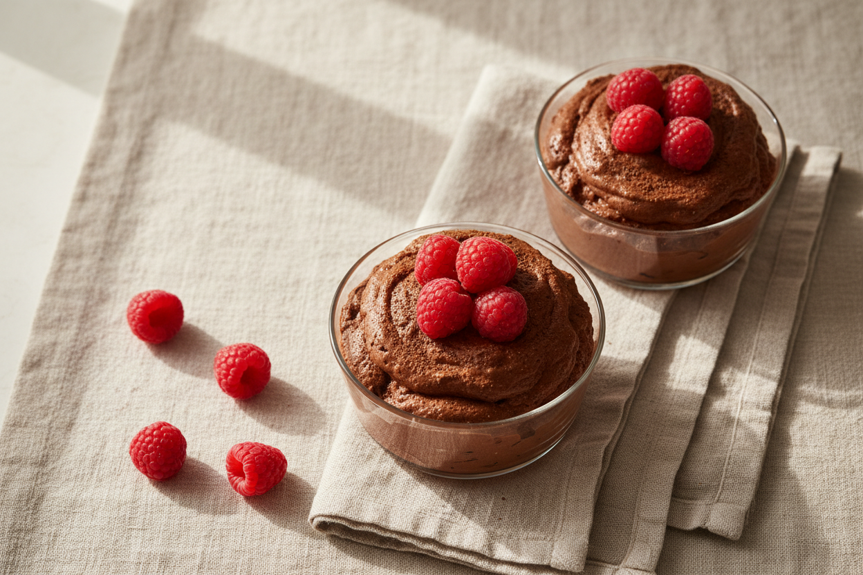 Two glass ramekins of airy vegan aquafaba dark chocolate cloud mousse topped with fresh raspberries and cocoa powder, styled on a spring linen table setting.