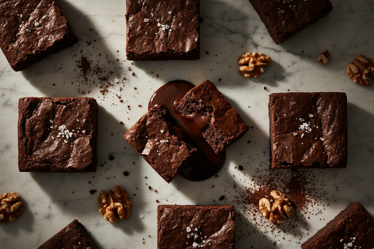 Ultra-fudgy dark chocolate brownies with crinkle tops cut into geometric squares on a marble surface, with Maldon sea salt, cocoa powder, and walnut accents — styled for National Brownie Day.