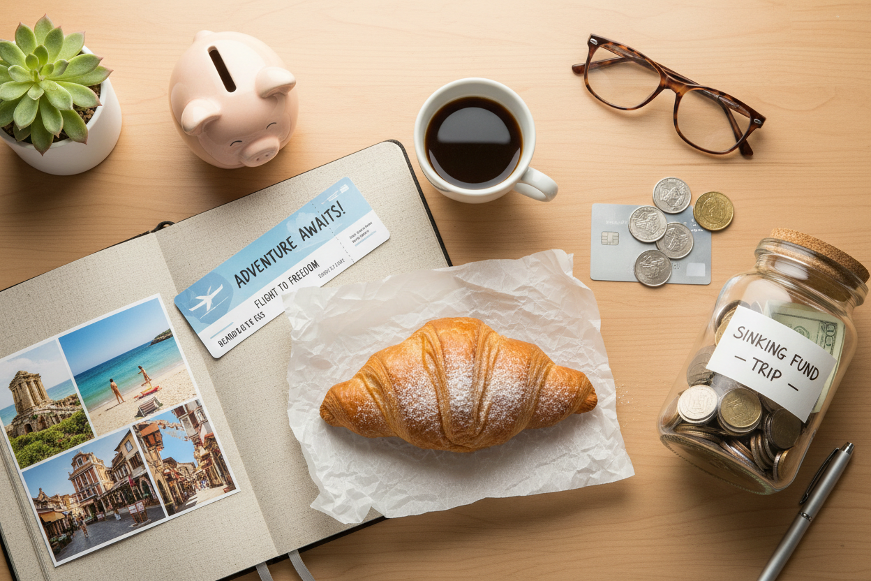 Golden croissant, vacation planning notebook, boarding pass, and a sinking fund coin jar on a cozy kitchen table — The Early-Bird Travel Budget Guide for National Plan for Vacation Day & Croissant Day by On Many Occasions.