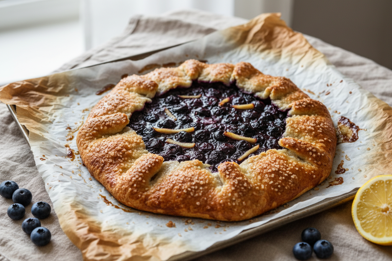 A rustic blueberry and ginger galette with a golden, folded crust and glossy berry filling, styled on linen with fresh blueberries and lemon — "The Early Harvest" galette recipe.